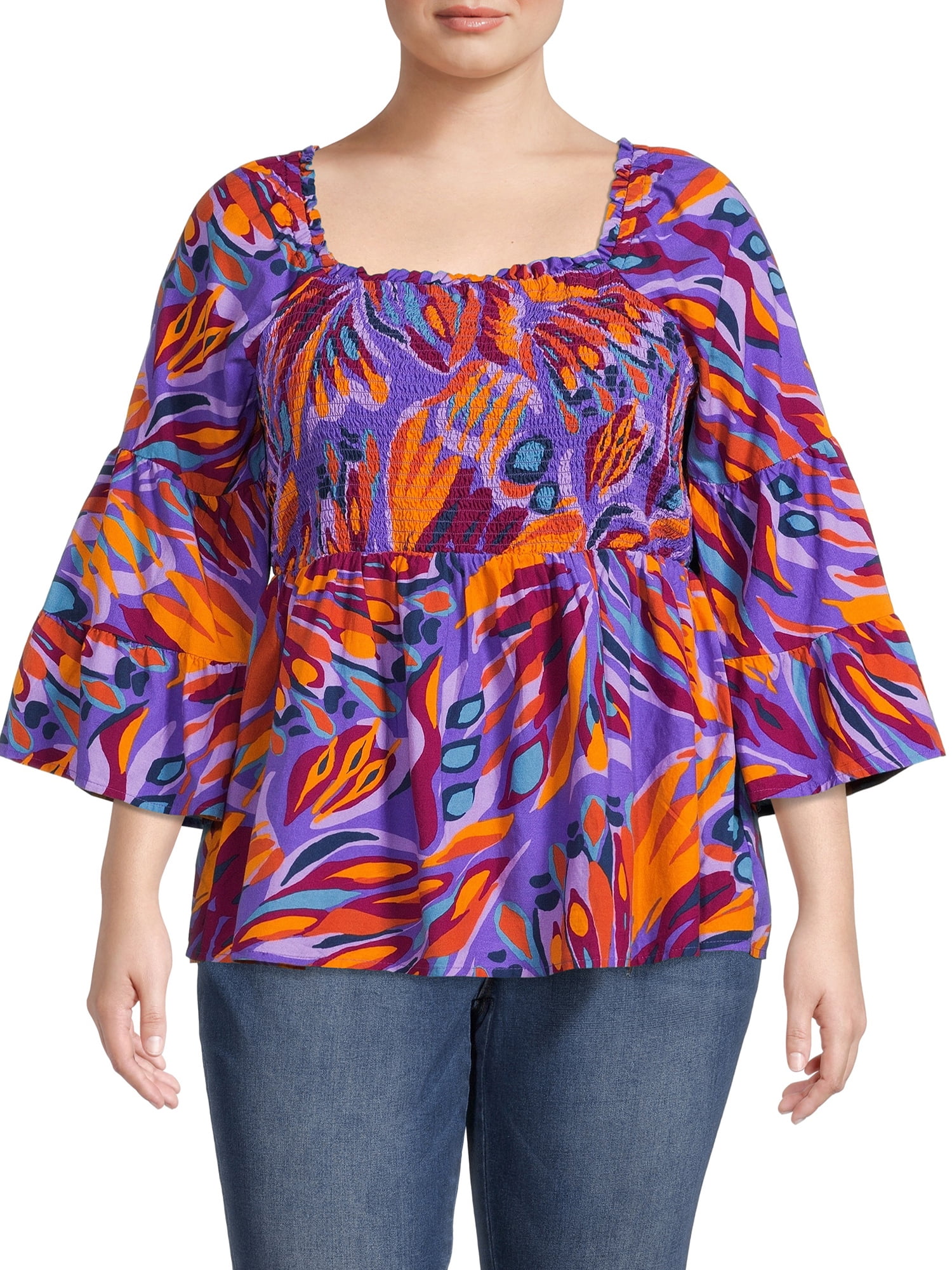 Terra and Sky Women's Plus Size Bell Sleeve Smock Top