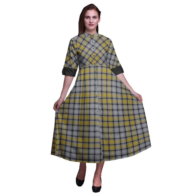 Bimba Check Ladies Button Down Print Dress A-Line Cocktail Party Shirt Dress-Small