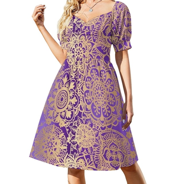 Vestido de manga corta con estampado de mandala morado y dorado, bonito vestido, vestidos con mangas largas.