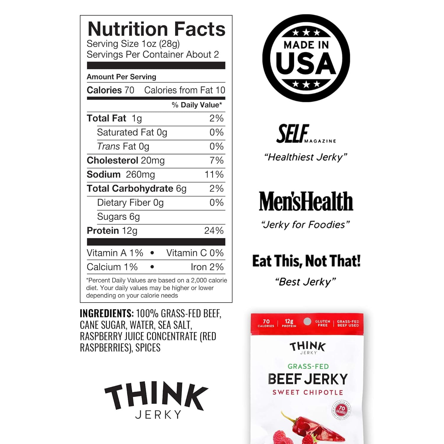 Think Jerky Sweet Chipotle Beef Jerky, Grass-Fed High Protein Beef Jerky, Gluten Free, No Antibiotics or Nitrates, Healthy Chef Crafted Recipe, Low Calorie and Low Fat - 2.2 oz Bags, 4 Pack