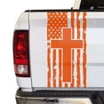 thumbnail image 1 of Distressed American Flag with Cross Truck Tailgate Vinyl Decal Compatible with Most Pickup Trucks Faith Patriotic Christian Cross USA Sticker (11" x 25", Orange), 1 of 8