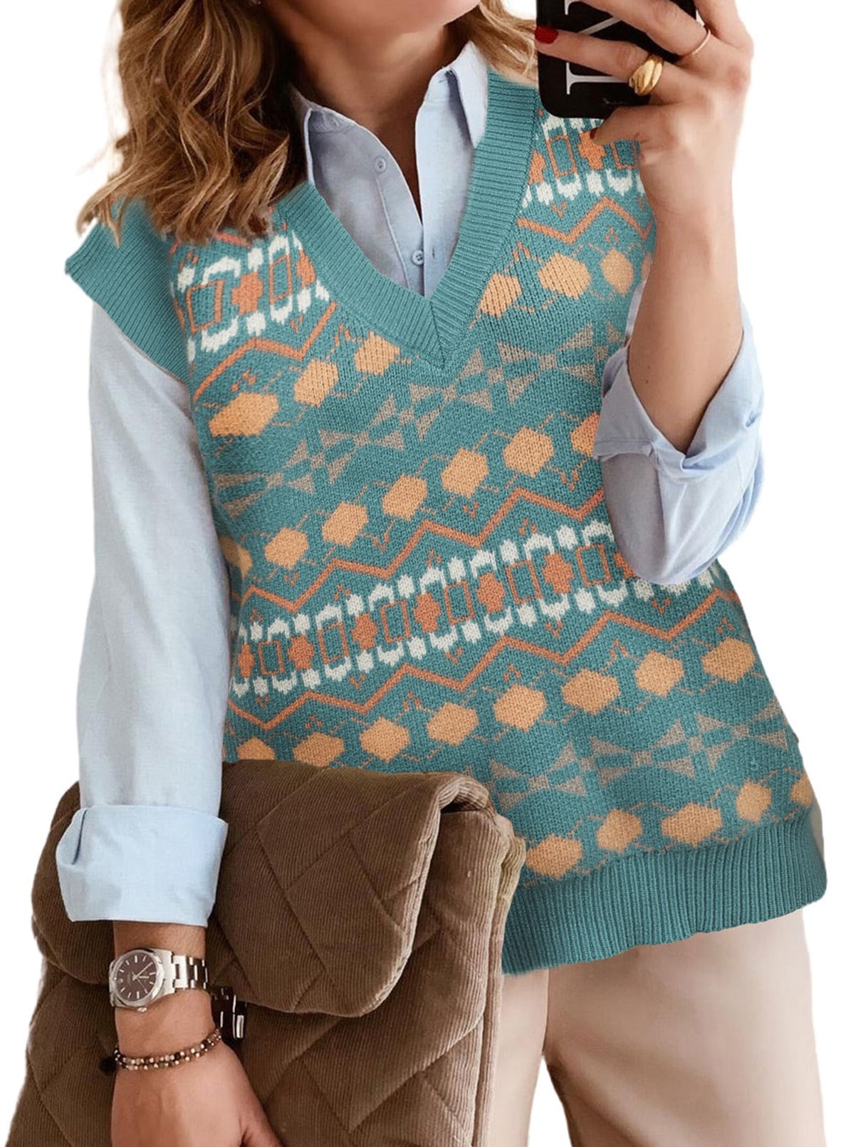 Eytino Women's Sweater Vests V Neck Sleeveless Casual Oversized Knit