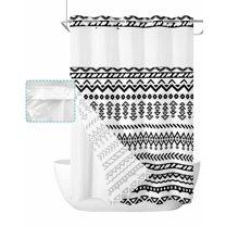 No Hook Shower Curtain with Snap in Liner, Boho Hand Painting Retro Flower Geometic Pattern Hotel Shower Curtains for Bathroom, Washable Shower Curtain Liner Set with Mesh Top Window, 60"x72"
