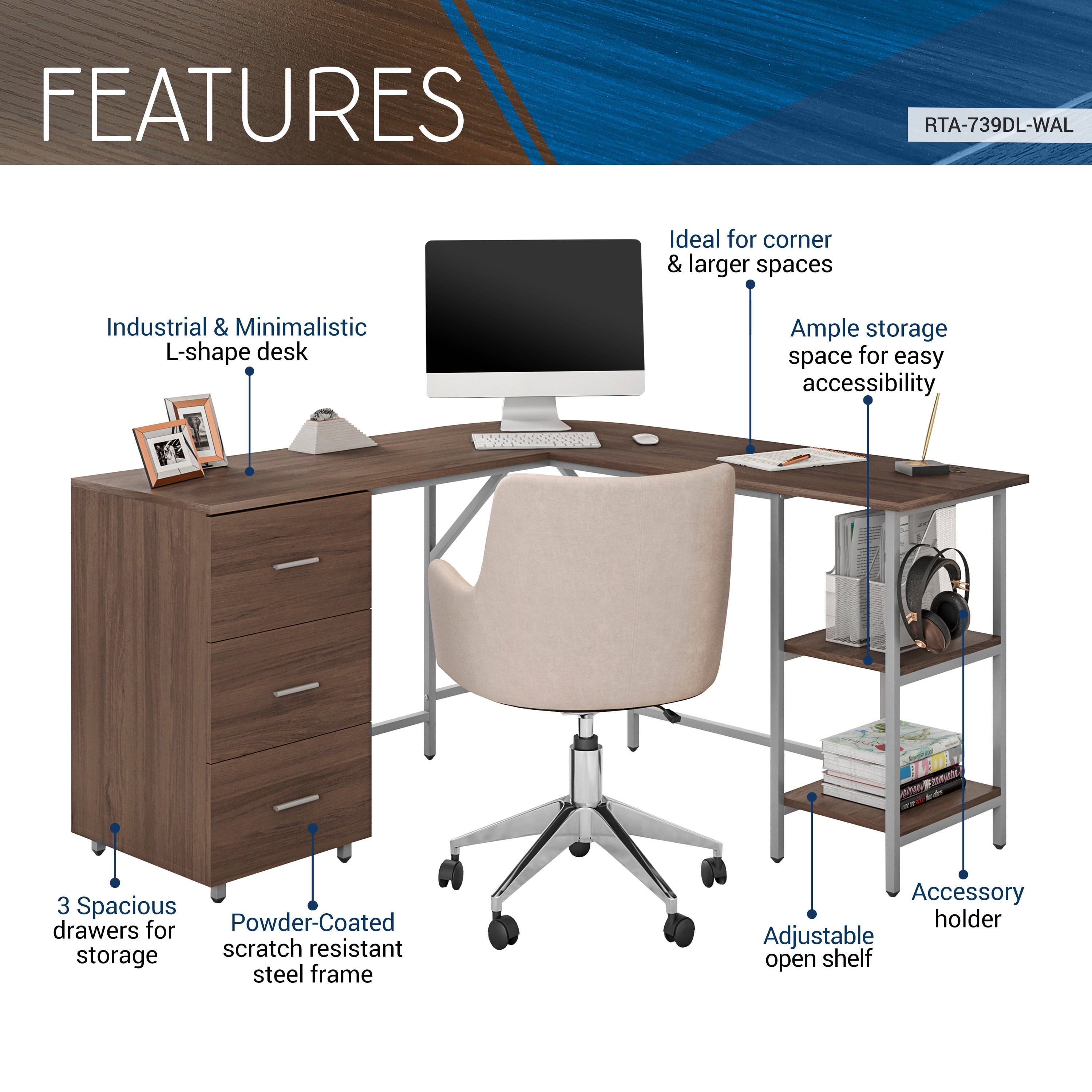 Techni Mobili L-Shape Home Office Desk with Storage, Walnut RTA-739DL-WAL