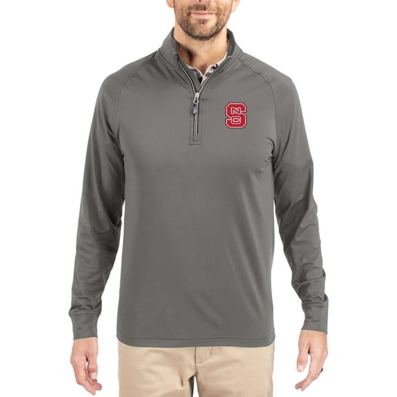 Men's Cutter & Buck Gray NC State Wolfpack Primary Logo Adapt Eco Knit Stretch Raglan Quarter-Zip Pullover