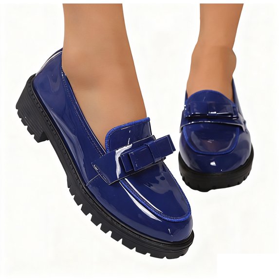 Womens Blue Chunky Sole Loafers - Bow Detail Glossy PU Slip-Resistant Comfortable Versatile Shoes for Office & Campus,Size 38