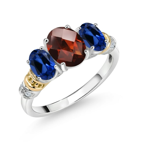 Gem Stone King 925 Sterling Silver and 10K Yellow Gold Oval Red Garnet Blue Created Sapphire and White Diamond 3 Stone Ring for Women (2.76 Cttw, Gemstone January Birthstone, Size 7)
