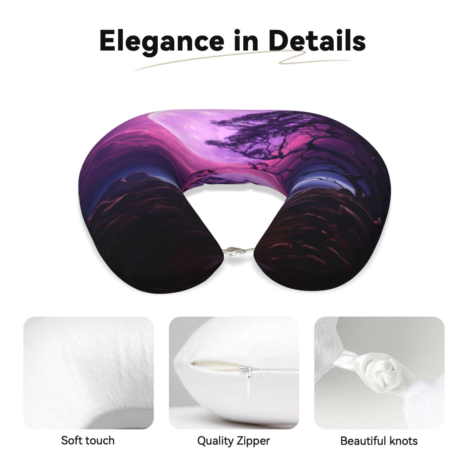 Xecao Purple Moon Tree Night Sky Print Memory Foam Cervical Neck Pillow Versatile U-Shaped Pillows for Home,Office,Camping,Travelling,Soft Washable Cover