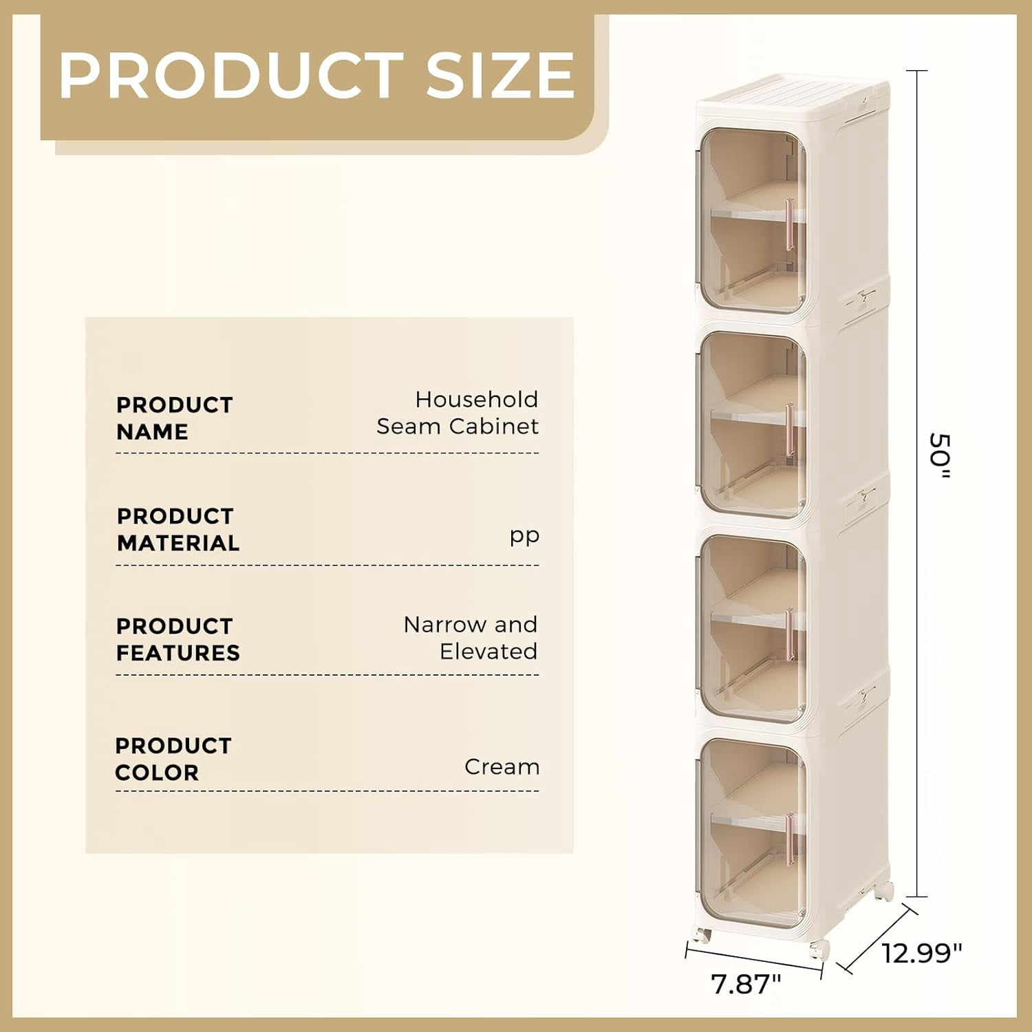 4-Tier Bathroom Storage Cabinet with Wheels, Magnetic Doors, Plastic Slim Bathroom Organizers and Storage for Small Spaces, Kitchen, Cream White