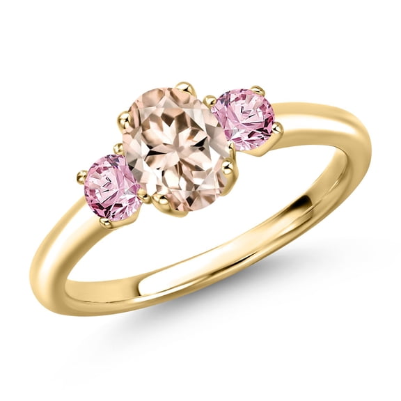 Gem Stone King 10K Yellow Gold Peach Morganite and Pink Lab Grown Diamond Engagement Ring for Women | 1.01 Cttw | Oval 7X5MM | Gemstone October Birthstone | Size 7