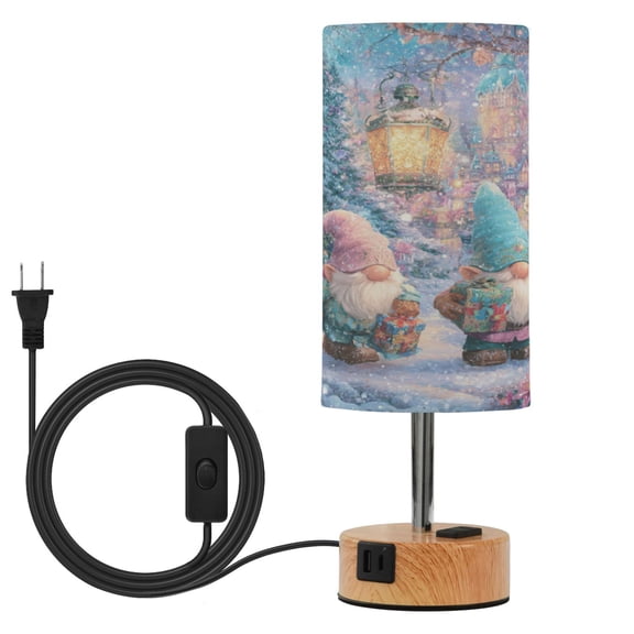Wobogo Cute Christmas Gnomes Bedside Lamp Touch Control Table Lamp with USB A C Charging Ports & AC Outlet 3-Way Dimmable Nightstand Lamp with Linen Fabric Shade for Bedroom Living Room