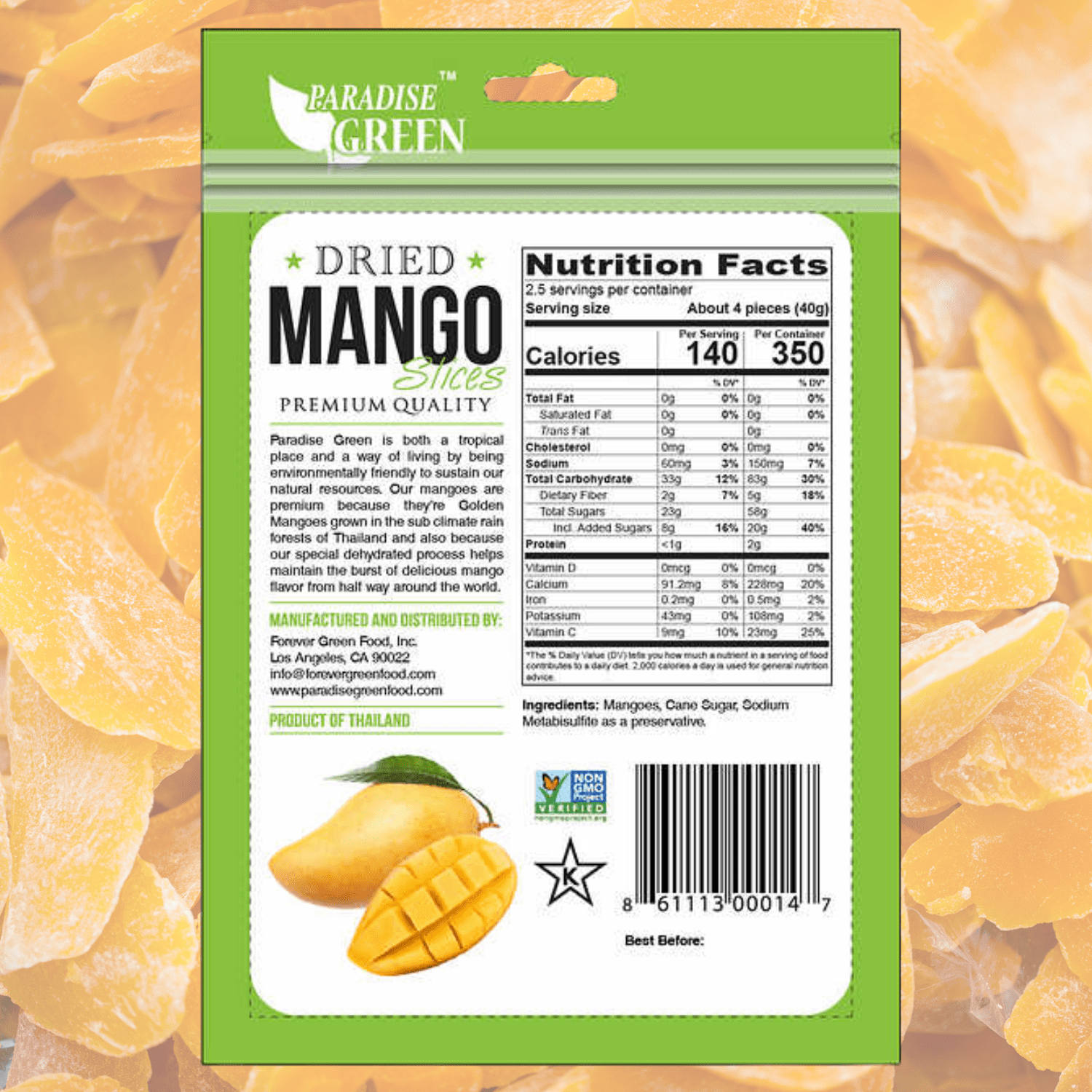 Paradise Green Premium Dried Mango Slices, 3.5 oz, 8 Count