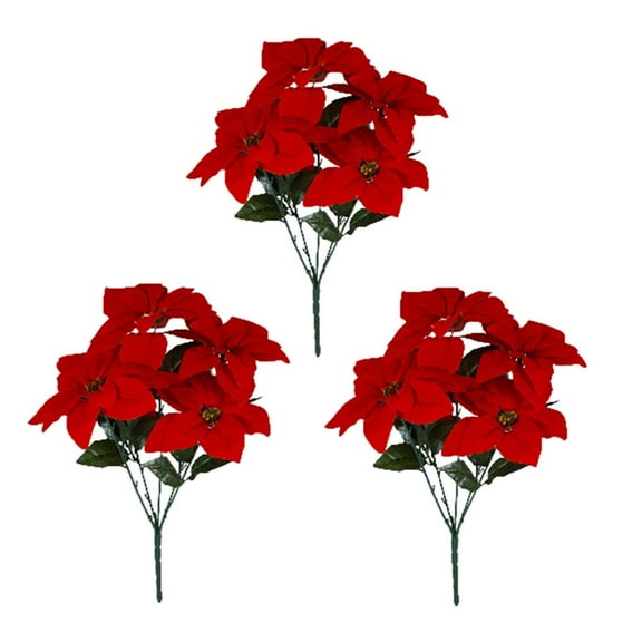 3Pack Artificial Poinsettia Bushes, 15.8 Faux Red Poinsettia Bouquets with 5/7 Heads Each, Christmas Artificial Flowers for Holiday Tree, Table Centerpiece, Indoor Outdoor Dcor