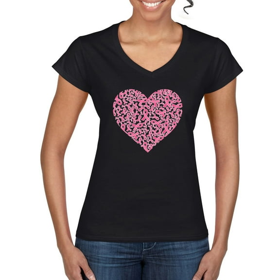 Wild Bobby, Pink Ribbon Heart, Breast Cancer Awareness, Women Standard V-Neck Tee, Black, Small
