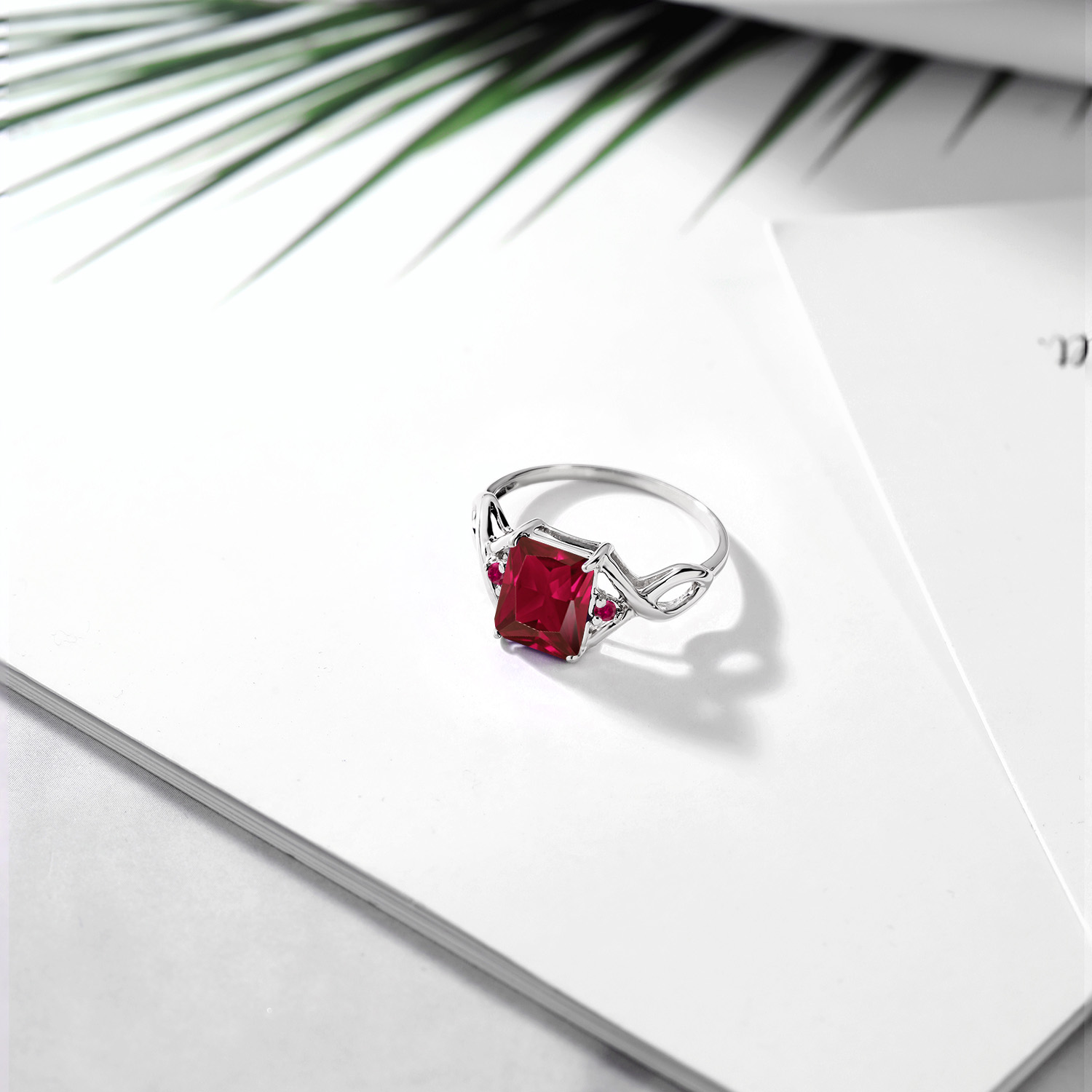 Gem Stone King 2.83 Cttw Red Created Ruby Ring for Women | 925 Sterling Silver | Emerald Cut 9X7MM | Three Stone Wedding Engagement Anniversary Promise Ring for Women | Size 6