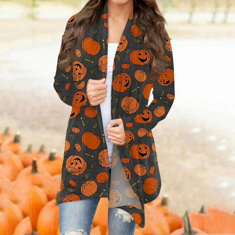Qcmgmg Womens Halloween Cardigan Long Sleeve Fall Fashion Skeleton Witch Sweater Knitted Open Front Castle Pumpkin Shirts Lightweight Skull Casual