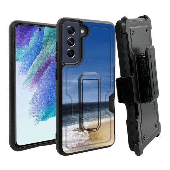 ANJ  Rugged Dual Layer Shockproof Holster Case w/Card Slot, Kickstand   Tempered Glass for Samsung Galaxy S21 FE 5G - Ocean Horizon