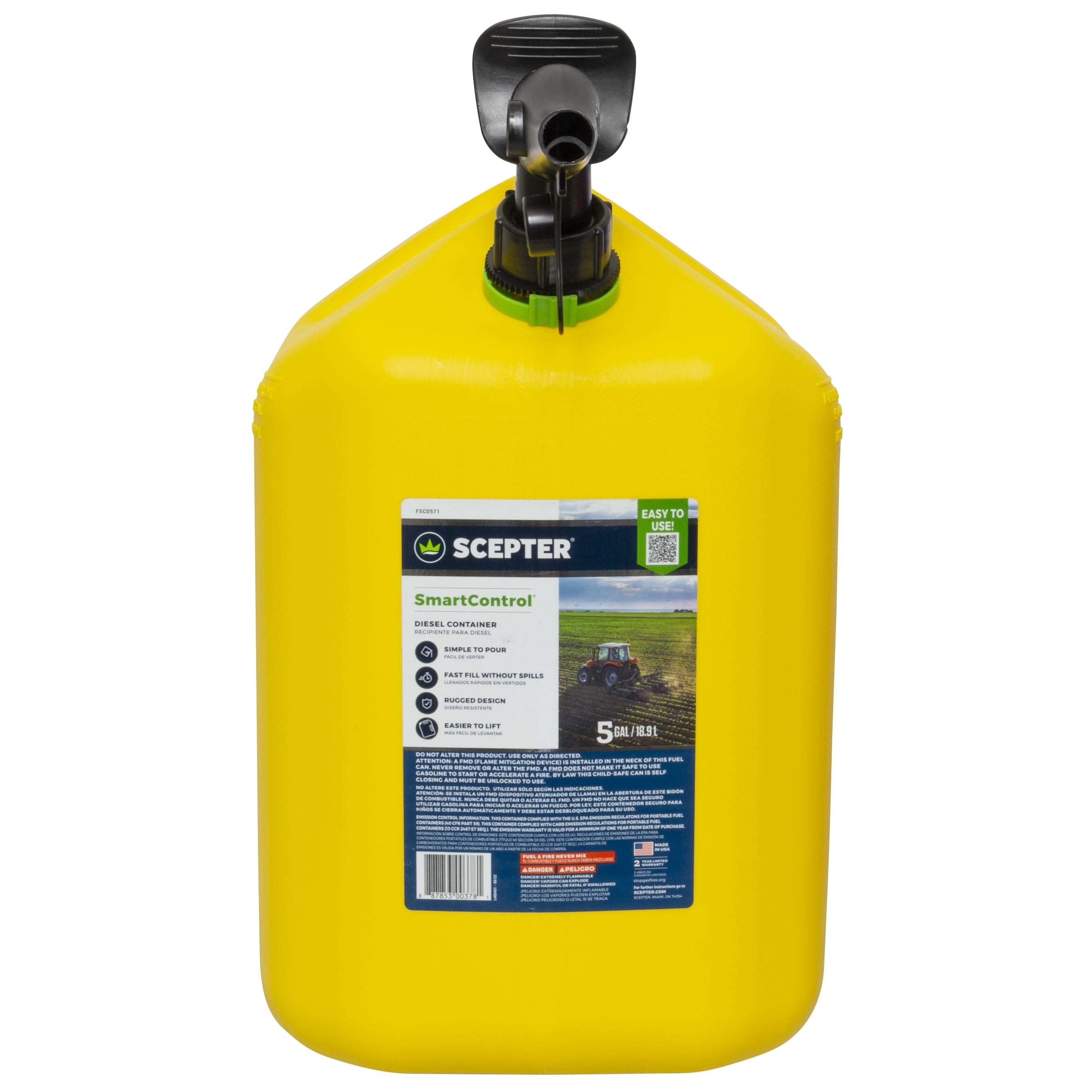 Scepter 5 Gallon SmartControl Dual Handle Diesel Fuel Container, FSCD571, Yellow Gas Can
