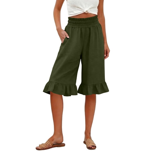iHPH7 Women's Cotton Linen High Waisted Capris Smocked Waist Pedal Pushers with Pockets Wide Leg Ruffle Hem Cropped Pants Summer Casual Beach Lounge Trousers Dark Green L