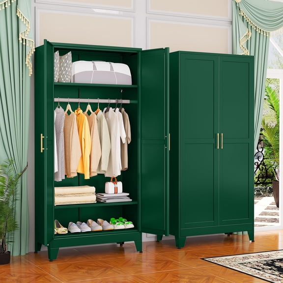 Metal Wardrobe Cabinet with Hanging Rod, Clothing Storage Cabinets | with 2 Doors and Adjustable Shelves, 71" Metal Green Armoire Wardrobe Closet for Bedroom, Laundry Room, Cloak Room