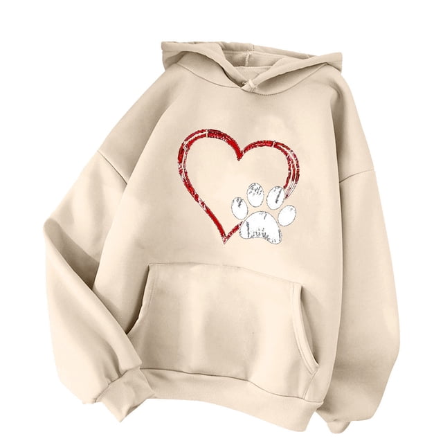 Bmisegm Chandail à Capuche Décontracté pour Femmes Automne Hiver Confortable Chic Imprimé Cœur Manches Longues Col Rond avec Poche Beige TG