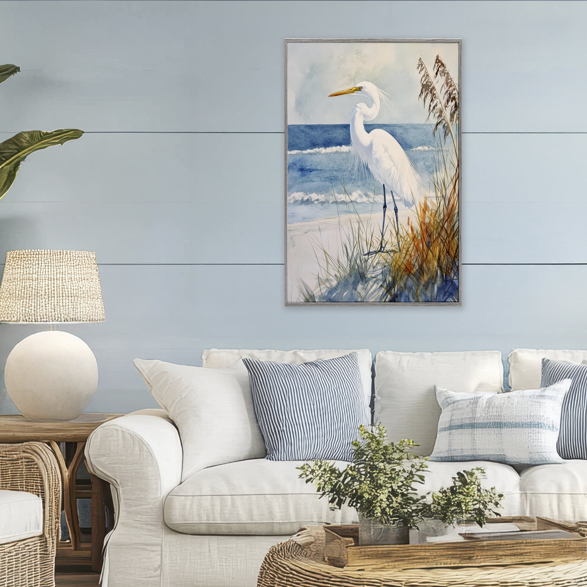 Stupell Industries Egret By The Waves Gray Framed Giclee Art, design by Petal Prints Design