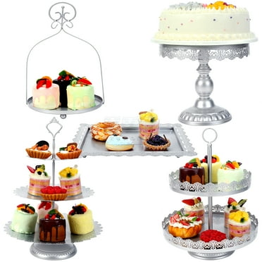 Zumeler 5Pcs Silver Cake Stand Set, Metal Cupcake Stand Desser Table Tired Tower Cupcake Display Stands Serving Tray Platter With Handle For Wedding Baby Shower Birthday Tea Party