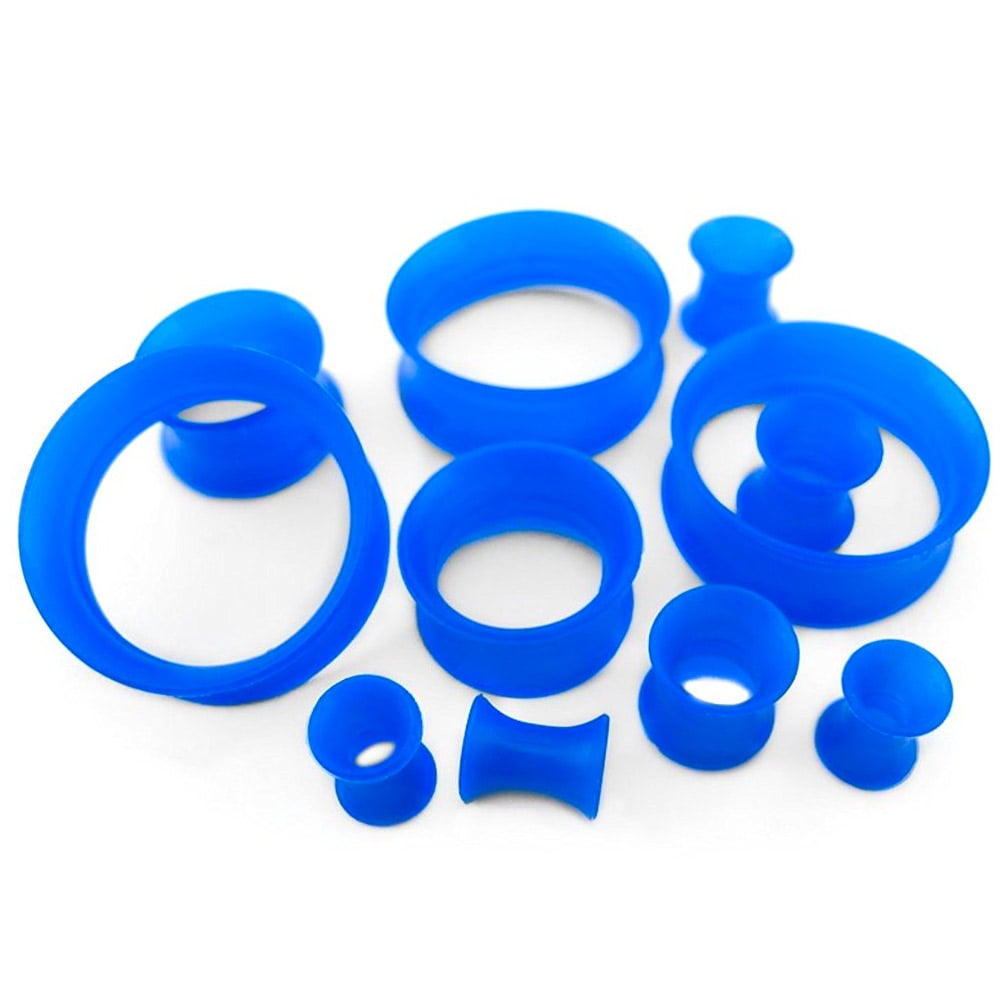 1 Pair 5/8" Blue Silicone Ear Skin Very Thin Tunnels Plugs 16MM Piercings Flared
