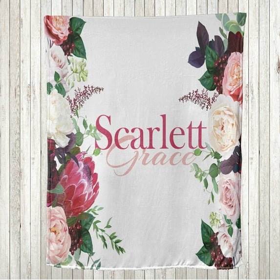 Floral Throw Blanket, Spring Garden Peony Ranunculus Astilbe Flowers Nature Art Design Print, Flannel Fleece Accent with Custom Name Photo Backdrop, 80" x 60", Pink and Forest Green, by Ambesonne
