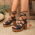 thumbnail image 3 of Rokment Womens Punk Studded Platform Strappy Gladiator Sandals 2026 Casual Leather Open Toe Chunky Block High Heels Dress Summer Shoes Comfortable Black Size 8.5, 3 of 5