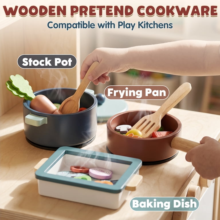 OROLIVING Wooden Kitchen Play Set with Cutting Food & Cookware photo 3