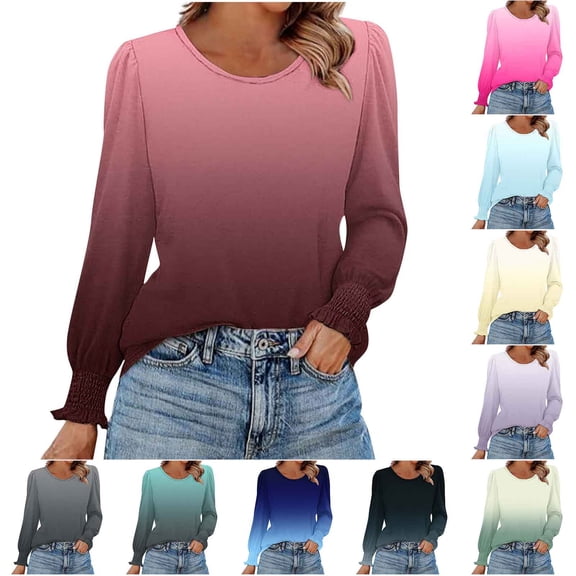 Abtuhar Long Sleeve Shirts for Women Fall Print Gradient Round Neck Standard Hem Soft Fabric Womens Tops