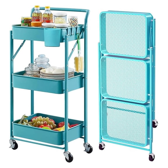 Foldable Utility Rolling Cart with Wheels No Assembly 3 Tier Metal Rolling Cart with Cup and Heavy Duty Mesh Storage Baskets Rack Folding Shelves for Kitchen,Office,Classroom, Bathroom(Teal)