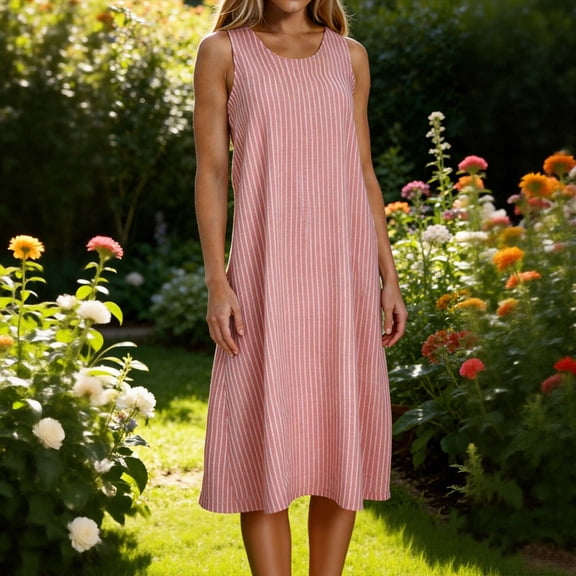 Summer Dresses for Women Crewneck Mid Sleeve Linen Midi Dress Loose Striped Sleeveless Casual Holiday Beach Sundress Size S-2XL