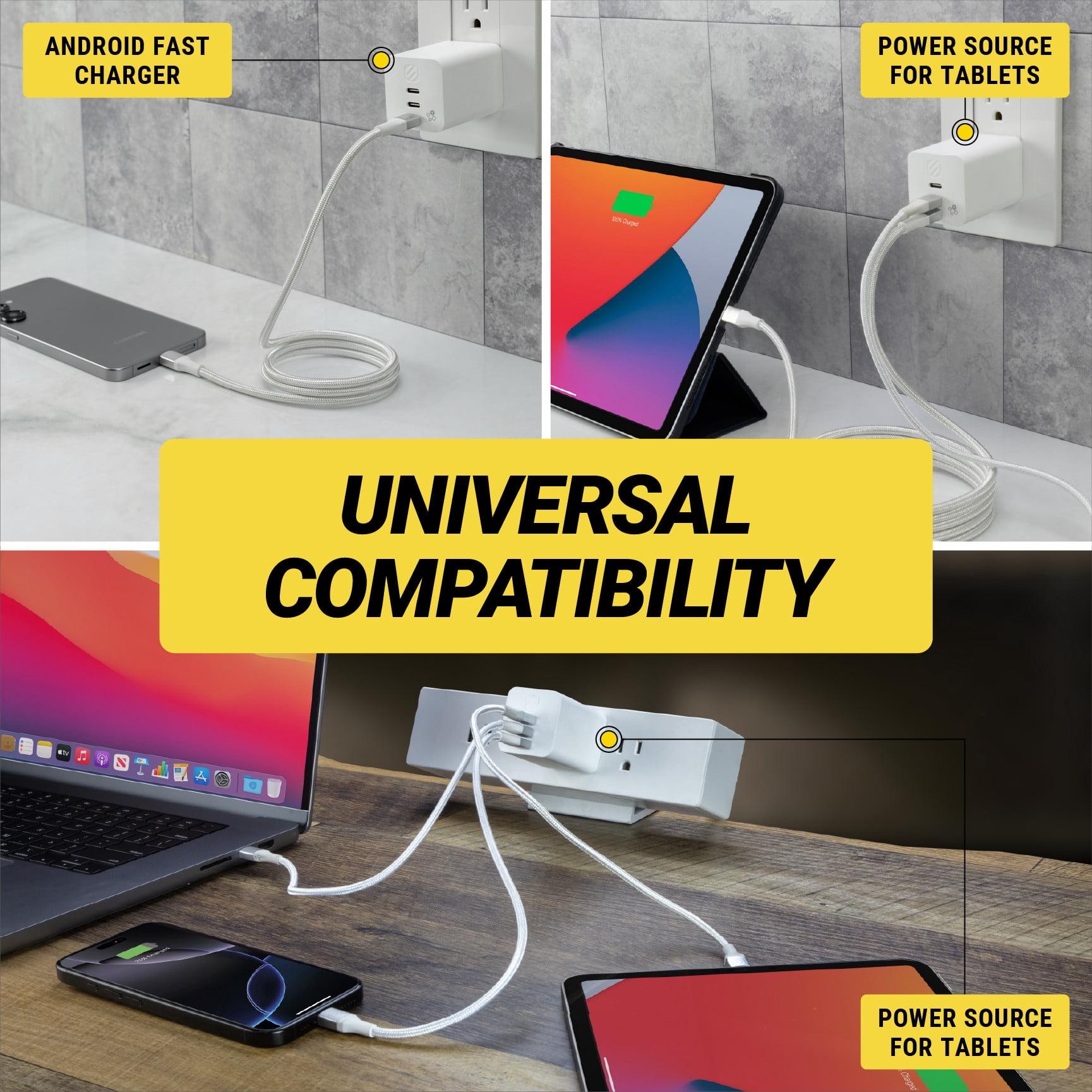 Scosche PowerFlux 70 3-Port 70W USB-C Fast Charging Wall Block Adapter w/ Multiple Ports HPD70WT-SP
