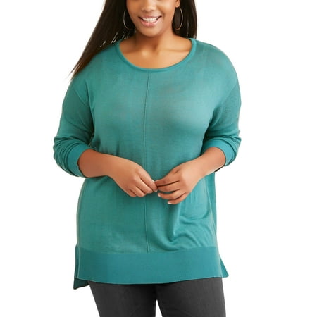 Junior Plus Long Sleeve High Low Crew Sweater