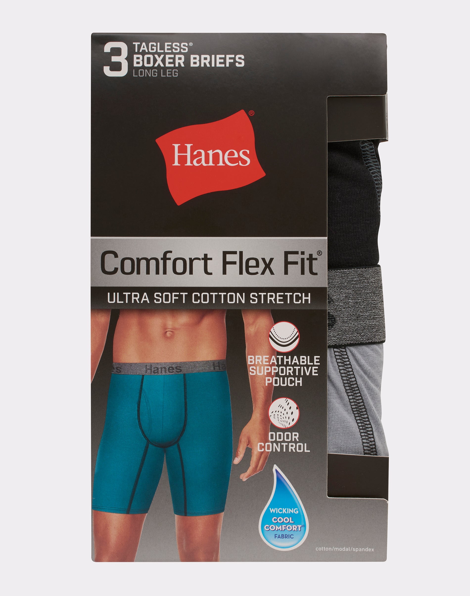 Hanes Comfort Flex Fit Men's Long Leg Boxer Brief Underwear,  Moisture-Wicking, 3-Pack Assorted 2XL