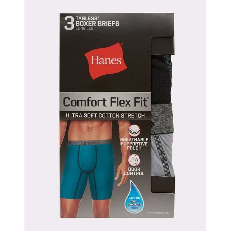Hanes Comfort Flex Fit Men's Long Leg Boxer Brief Underwear,  Moisture-Wicking, 3-Pack Assorted 2XL
