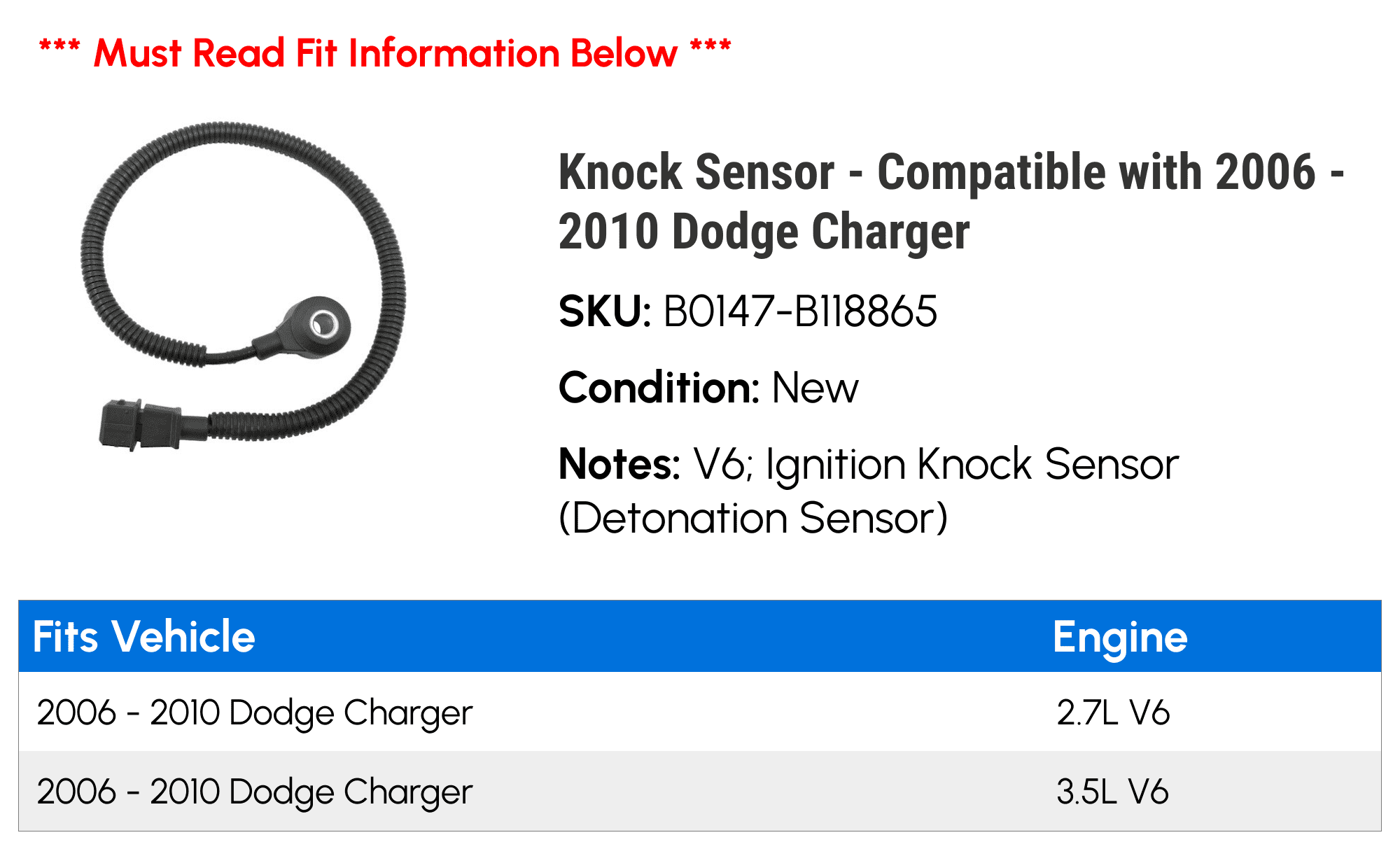 Knock Sensor - Compatible with 2006 - 2010 Dodge Charger 2007 2008 2009