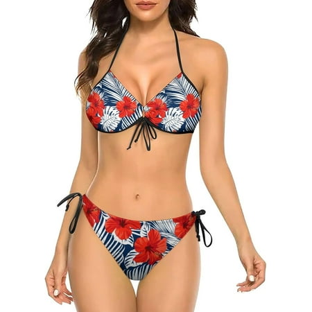 SKQIT Women s Two Piece Bikini Swimsuit  Tropical Palm Red Flowers Print Sexy Swimwear Halter String Triangle Bikini Sets