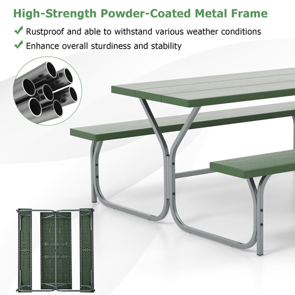Aimee Lii 6 FT Picnic Table Bench Set Dining Table and 2 Benches with Metal Frame and HDPE Tabletop, Outdoor Patio Furniture, Green Aimee Lii 6 FT Picnic Table Bench Set Dining Table and 2 Benches with Metal Frame and HDPE Tabletop, Outdoor Patio Furniture, Green
