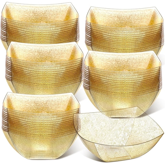 50-Pack Gold Glitter Square Plastic Serving Bowls, 16 oz Disposable Party Dishes