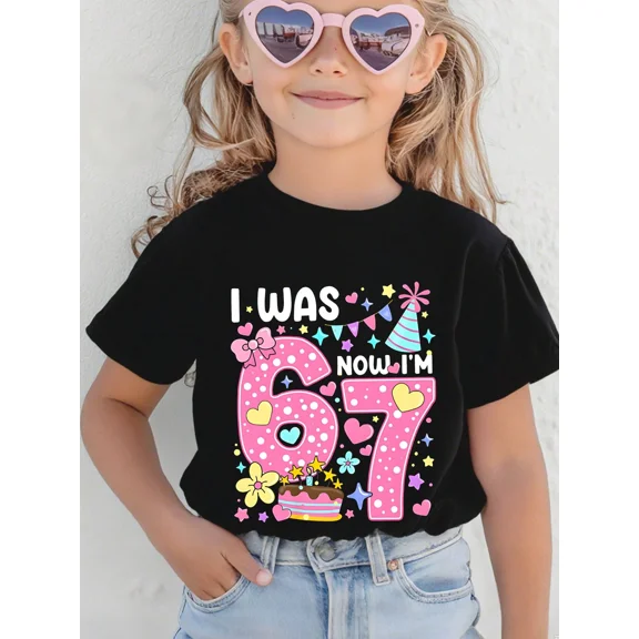 children’s wear Cute Retro 7th Birthday T-Shirt for Girls, I Was 6 Now I'm 7 Pink Polka Dot Heart Graphic Tee Gift for Kids and Toddlers