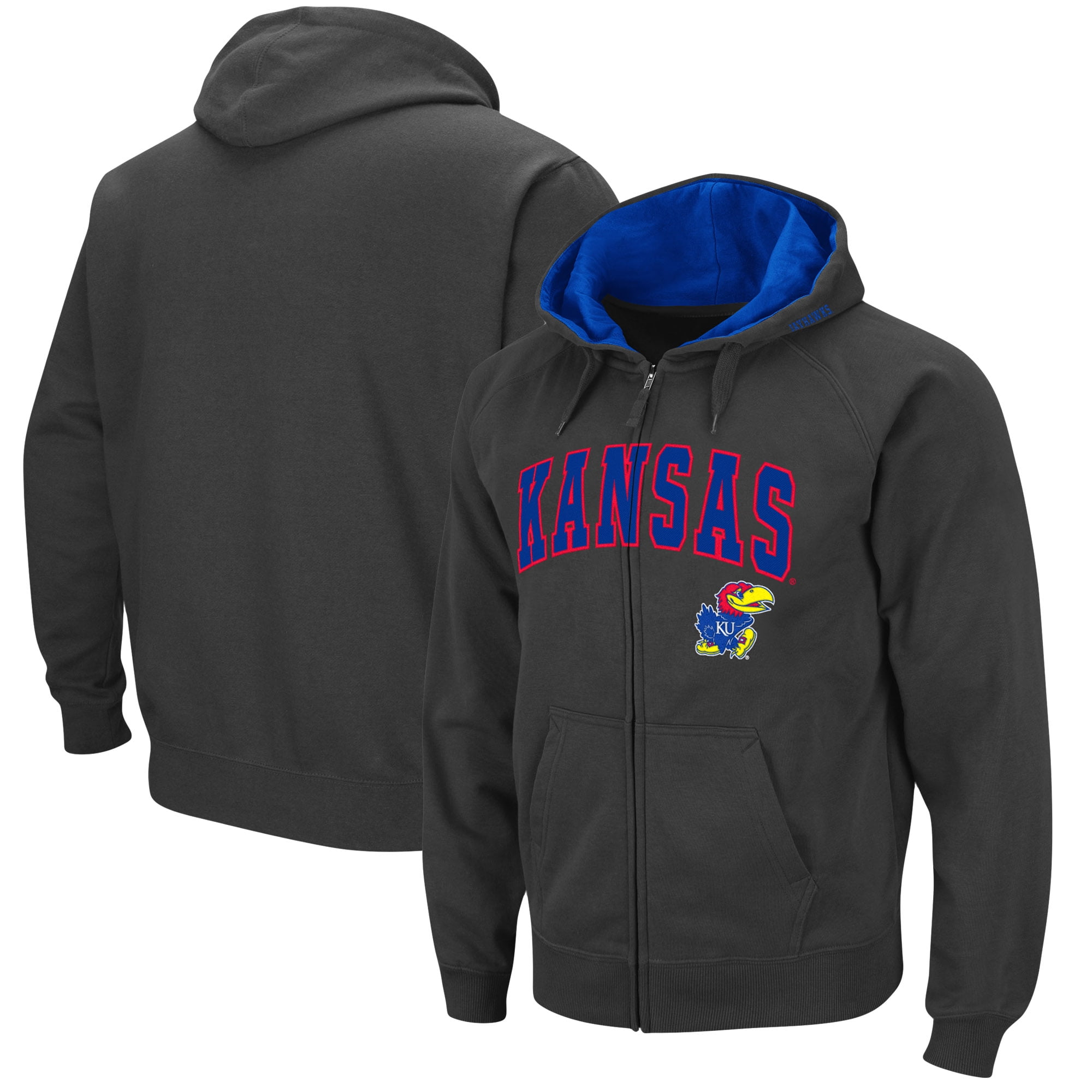 KANSAS JAYHAWKS ADULT EMBROIDERED GREY FULL ZIP HOODED SWEATSHIRT NEW