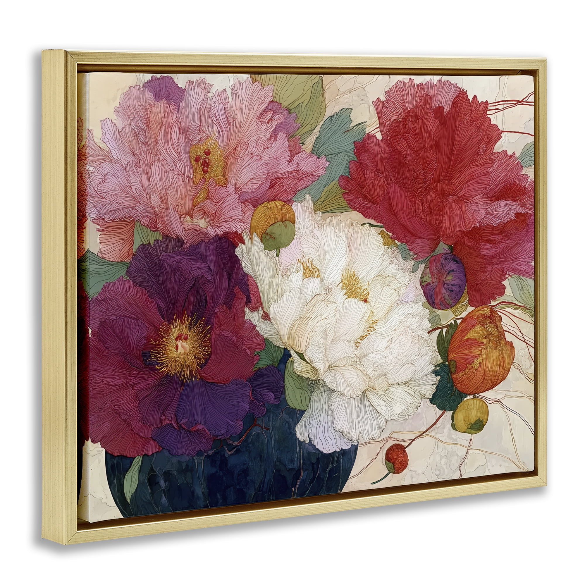 Haiku Ornate Flower Petals Gold Framed Floater Canvas Wall Art, design by Annabelle Hall