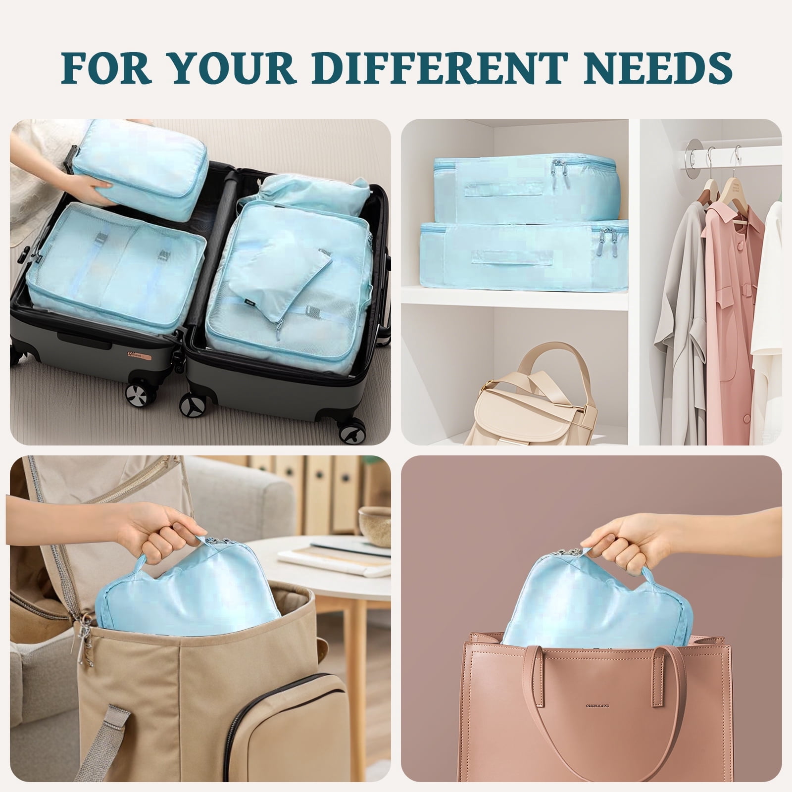 9-Piece Light Blue Travel Packing Cubes Set - Large Capacity, Waterproof & Breathable for Organized Trips