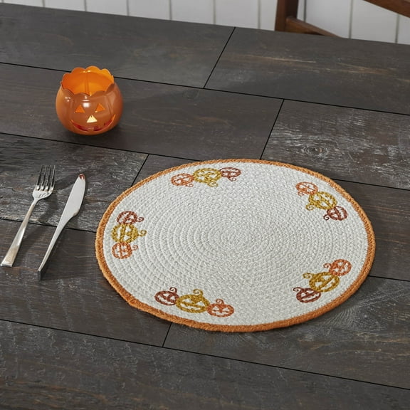 VHC Brands Braided Cotton Country Halloween Stencil Placemat 14 inch Diameter, Decorative Fall Placemat, Table Decor for Fall and Halloween