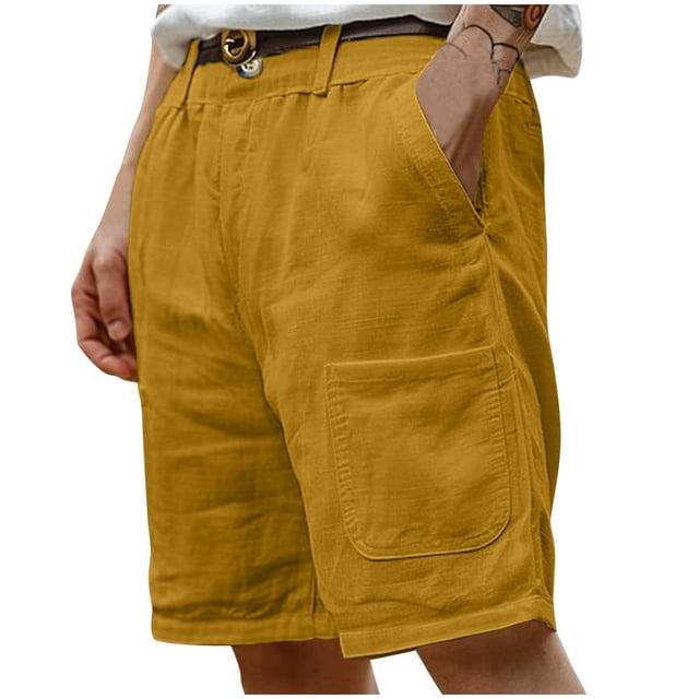 yoeyez Mens Shorts Casual 7 Inch Inseam,Men's Suit Shorts Pants Solid Color Button Zipper Shorts Casual Beach Summer Shorts Mens Athletic Shorts With Pockets Yellow,M