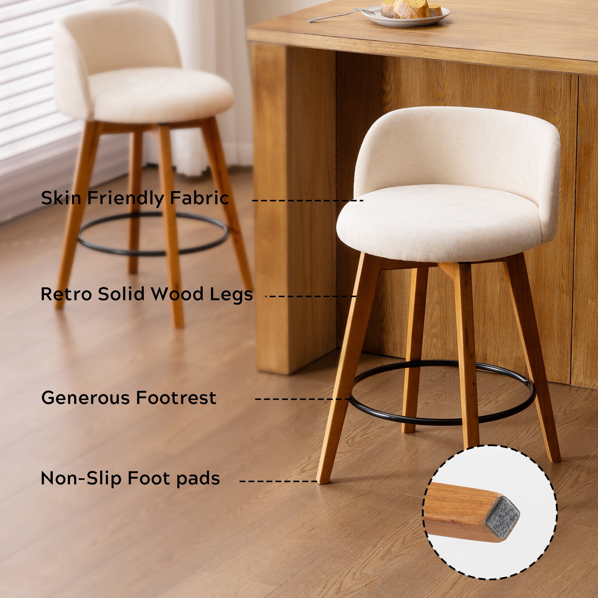 EYYTHUNG Adult Low Back Swivel Bar Stools Swivel Barstools Chenille Fabric Upholstered Set of 2, Beige
