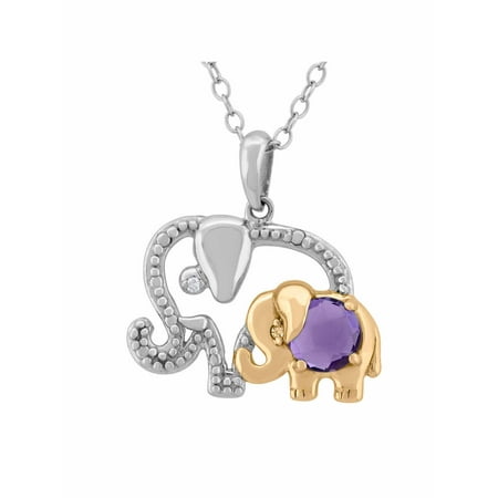 Amethyst Elephant - Amethyst and Diamond Accent Sterling Silver and 18kt Gold over Sterling Silver Mom and Baby Elephant Pendant, 18